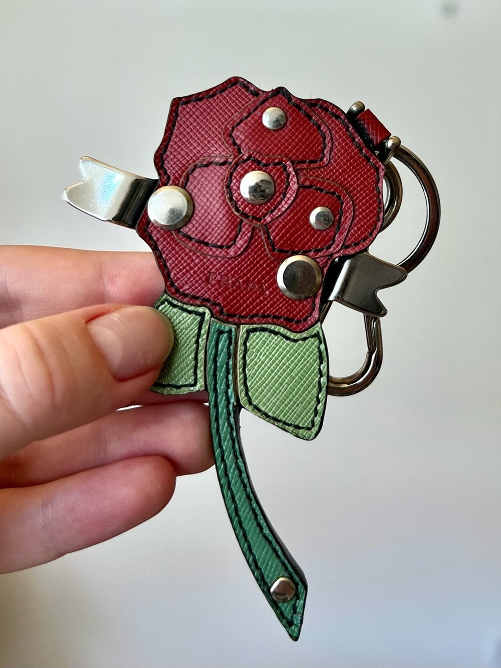 PRADA Saffiano Leather Rose Motif Bag Charm Key Holder Red